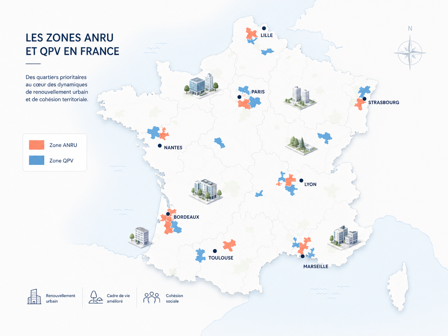 Carte des zones ANRU et QPV en France